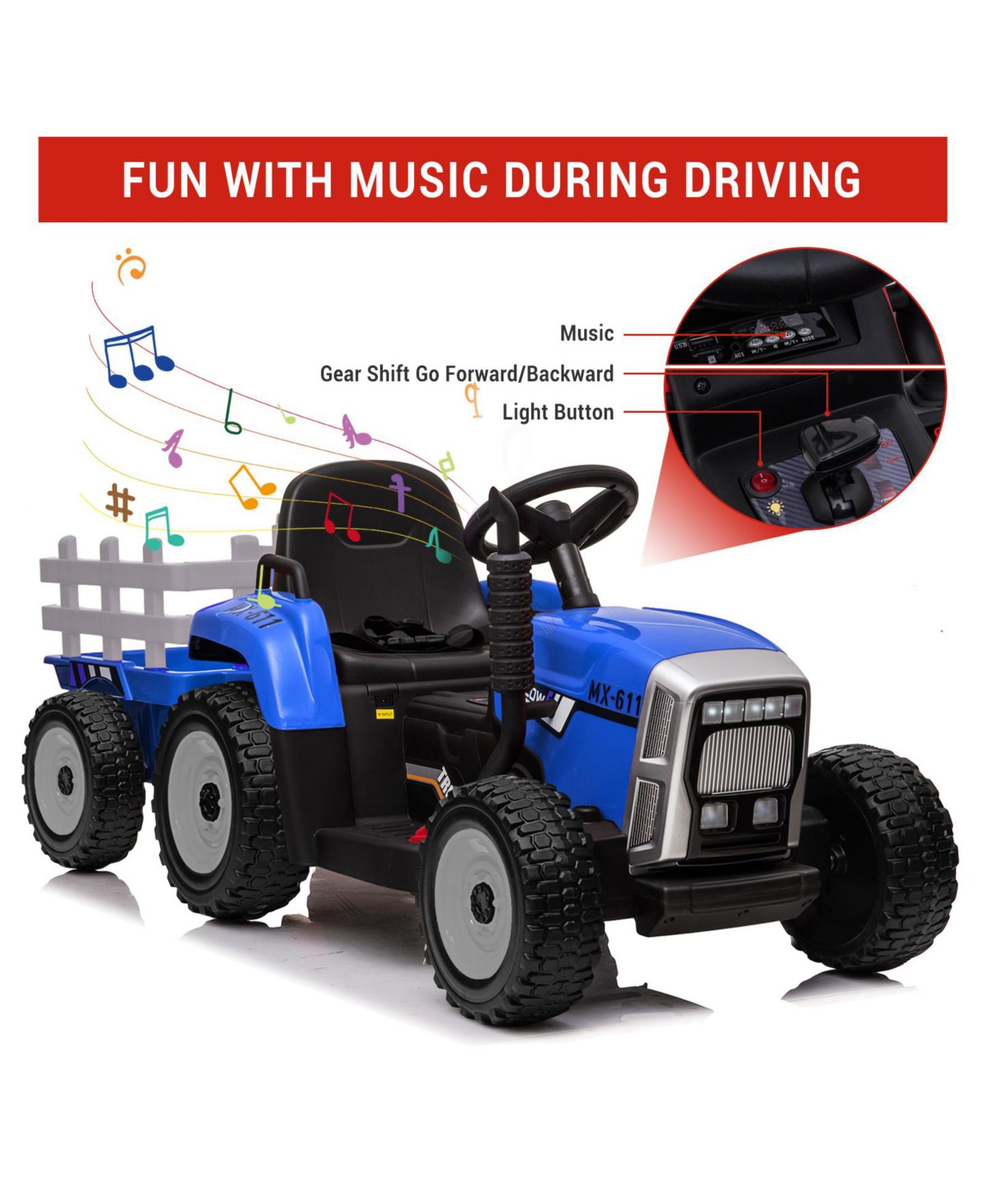 Детская игрушка homfan 54" L x 20" W x 21" H Battery-Powered Remote Control Detachable Trailer Ride-On Tractor, от 3 лет, цвет: Синий — фото 5