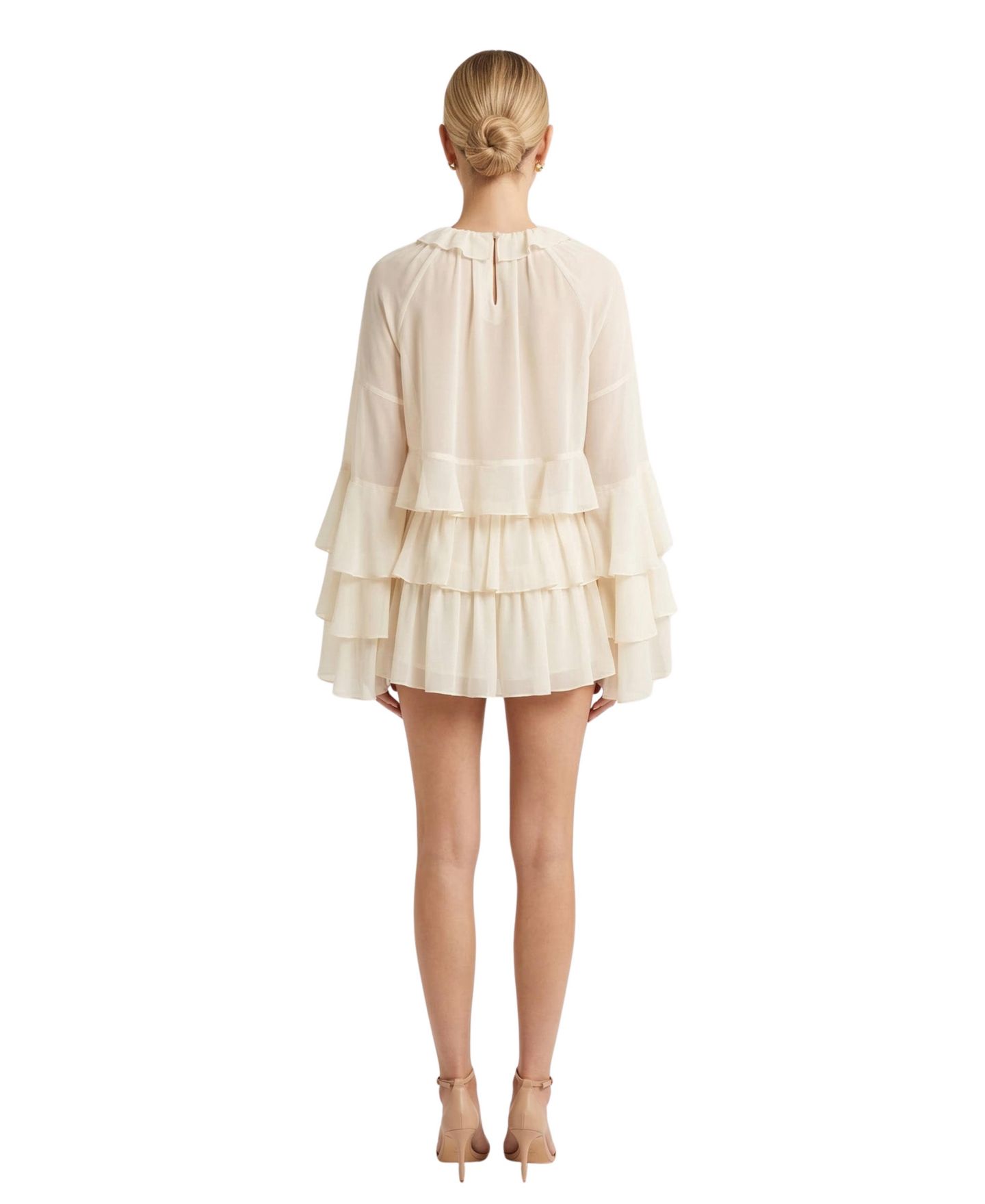 Женский комплект Modenaire Long-Sleeve Bell-Sleeve Blouse and Tiered Mini Skirt, 2-Piece Set — фото 4