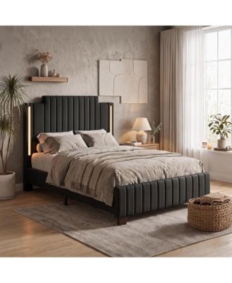 LED Upholstered Platform Bed Frame Full Size with Ribbed Headboard Wooden Slats No Box Spring Needed