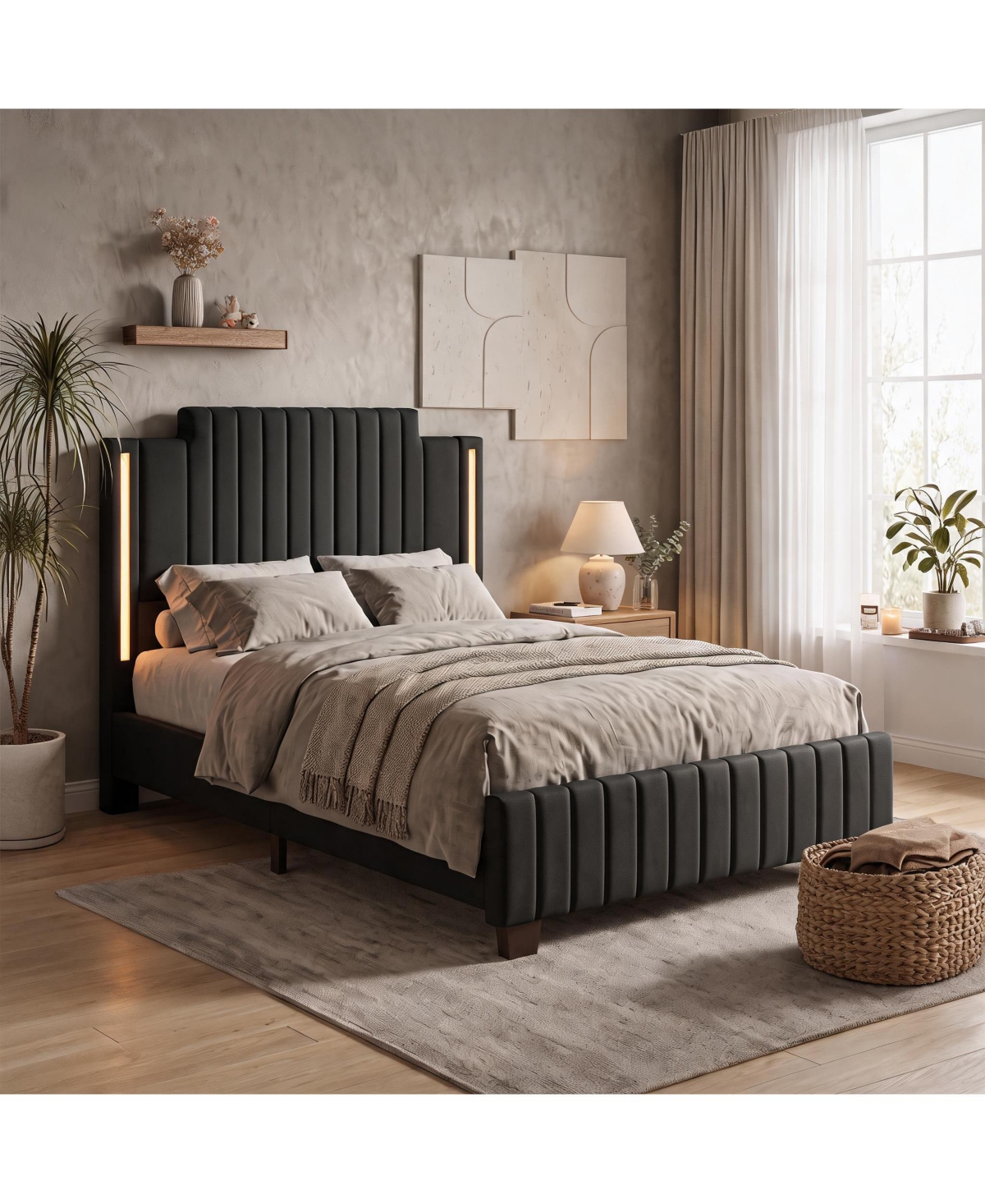 homfan Led Upholstered Platform Bed Frame Full with Ribbed Headboard Wooden Slats No Box Spring Needed