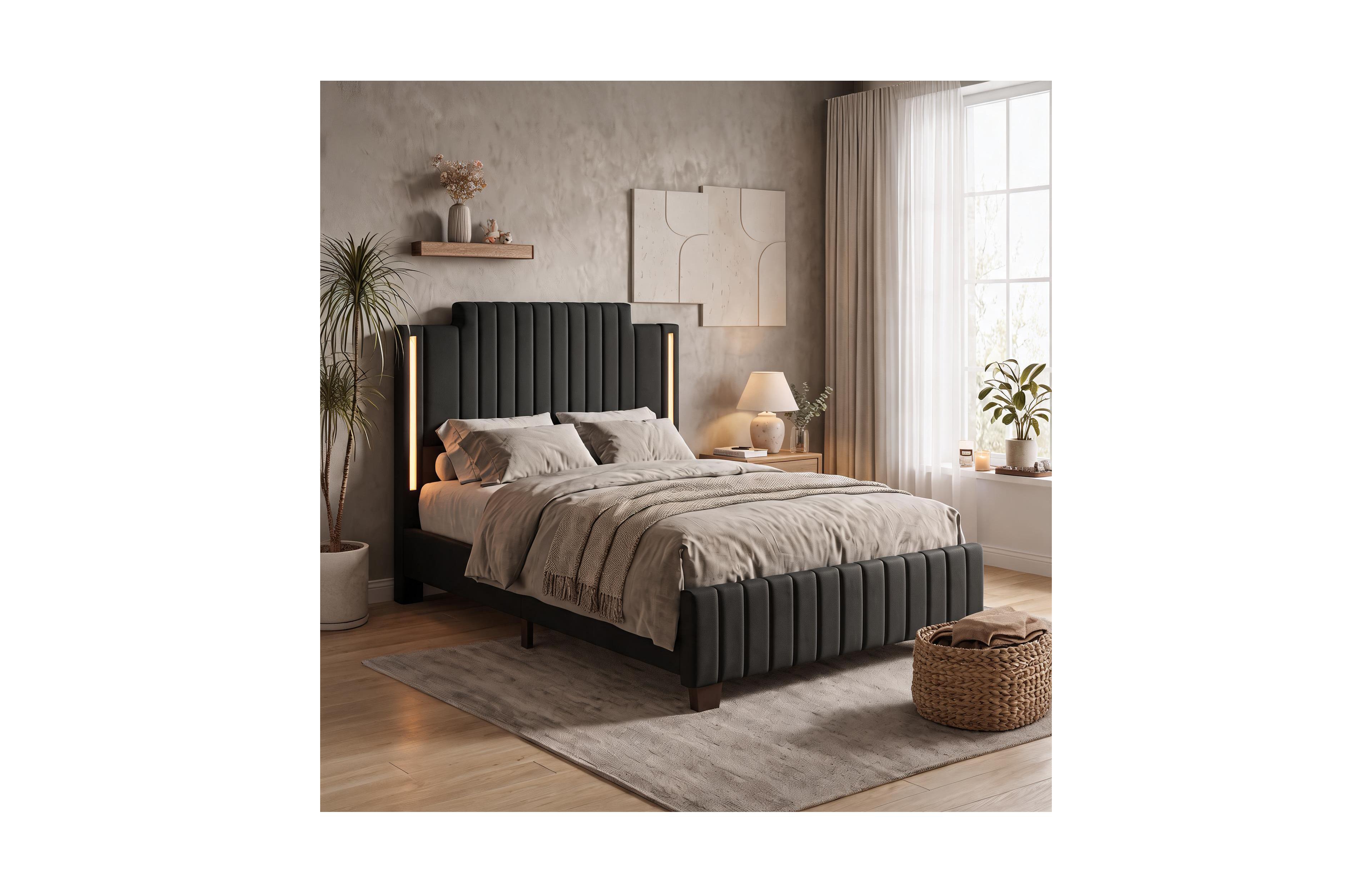 homfan Led Upholstered Platform Bed Frame Full with Ribbed Headboard Wooden Slats No Box Spring Needed