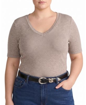 Plus Size Cloud Rib Slim-Fit Ribbed V-Neck Short-Sleeve Tee