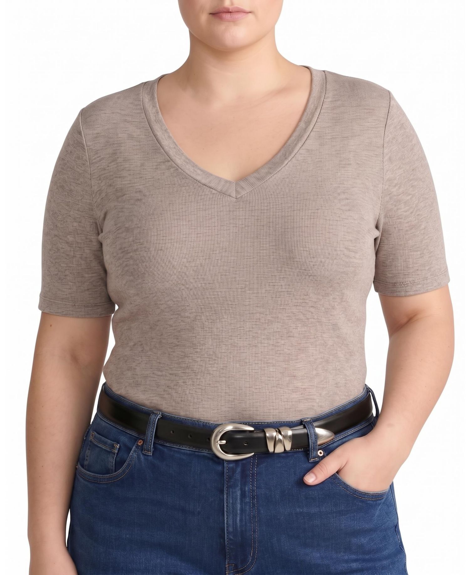 Plus Size Cloud Rib Slim-Fit Ribbed V-Neck Short-Sleeve Tee