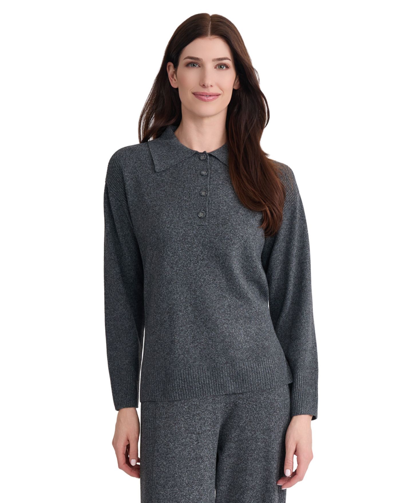 Женский свитер Jones New York Long-Sleeve Polo Pullover Top, цвет: Тёмный меланжевый — фото 1