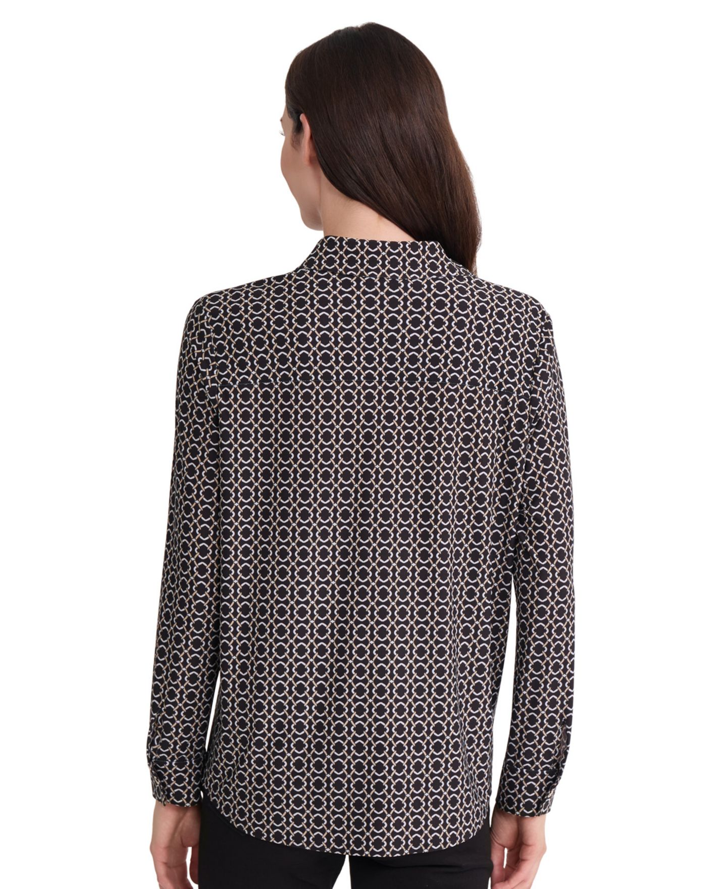 Женская блузка Jones New York Geometric Long-Sleeve Cuffed, цвет: Чёрный — фото 4