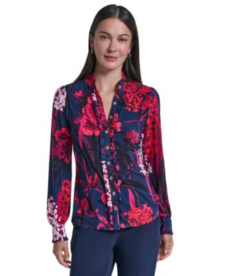 Women's Long-Sleeve Floral-Print Ruffles Blouse