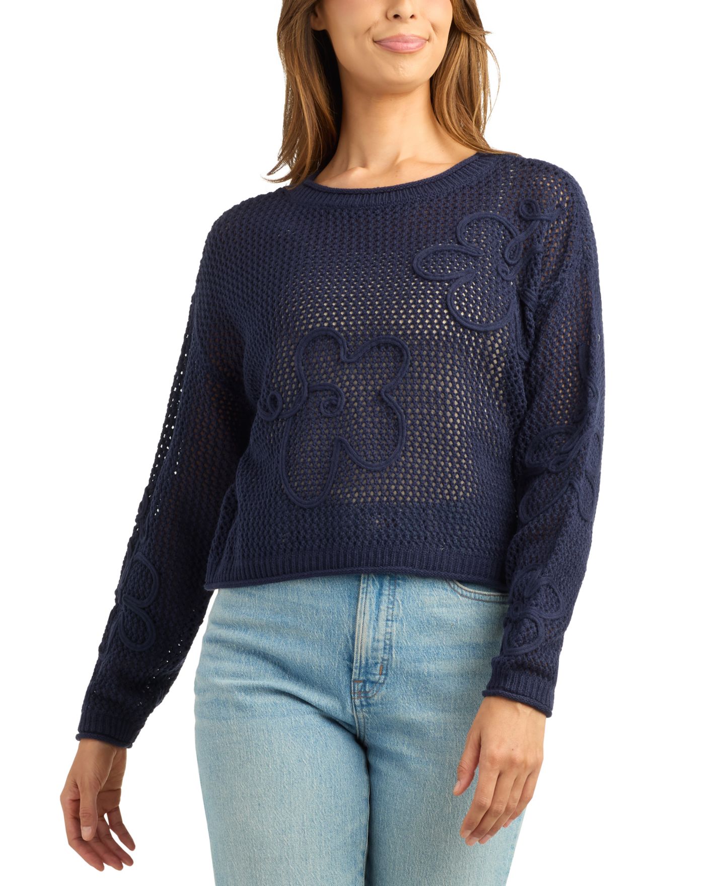Женский свитер BCX Juniors' Resort Crochet Long-Sleeve Loose-Fit, цвет: Тёмно-синий — фото 2