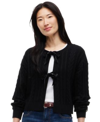 Women's Front Bows Cable-Knit Cardigan Sweater