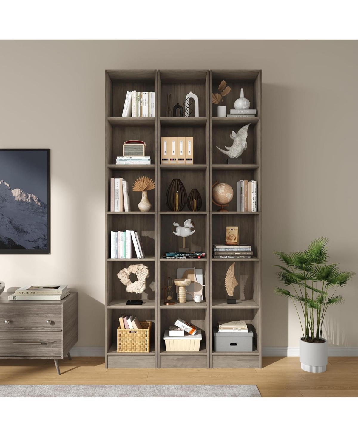Gaomon 3-Piece 6-Tier Wood 18-Compartment Flexible Configuration Bookcase - Grey