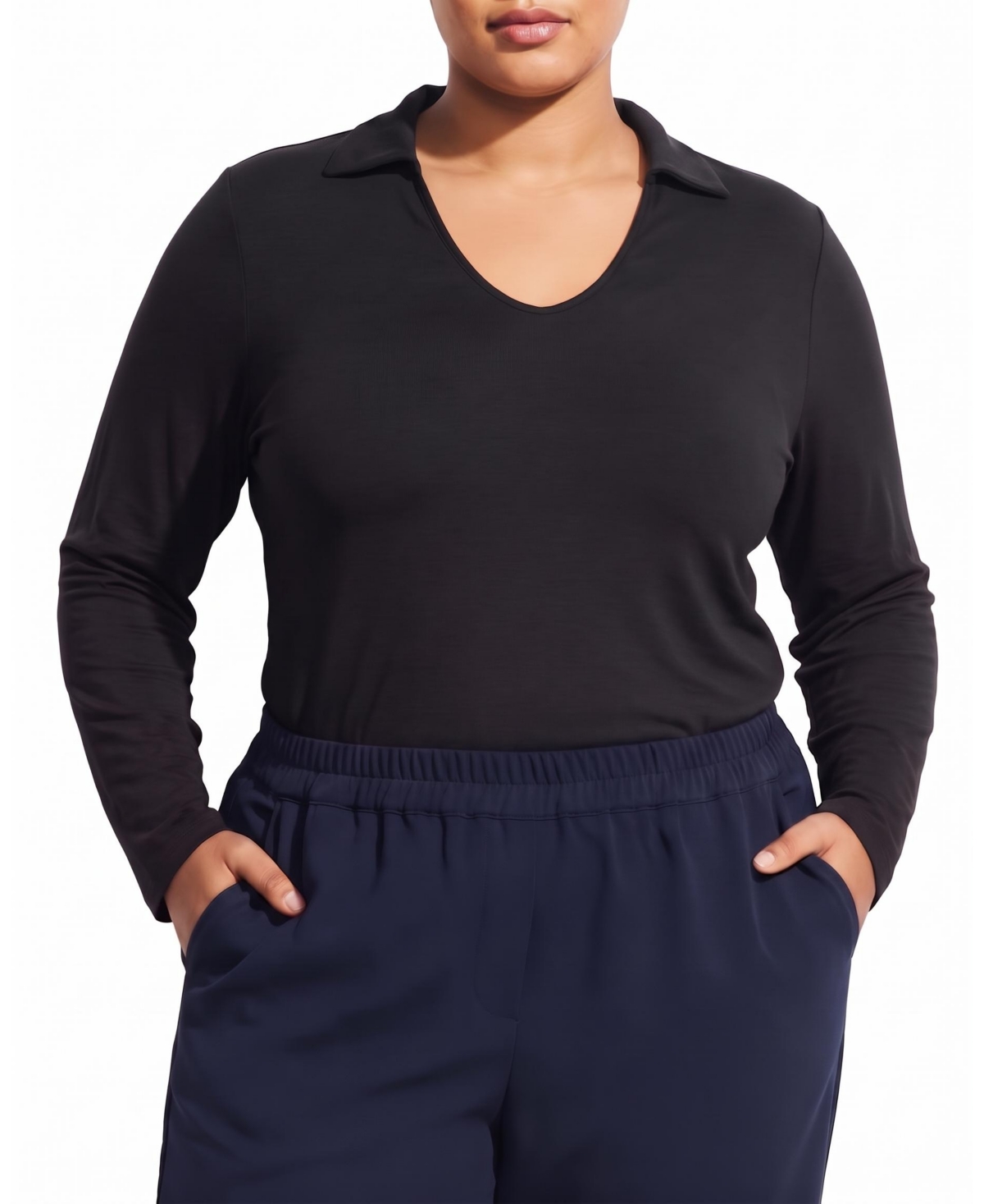 Universal Standard Plus Size Katia Long-Sleeve Collared Liquid Jersey Top - Black