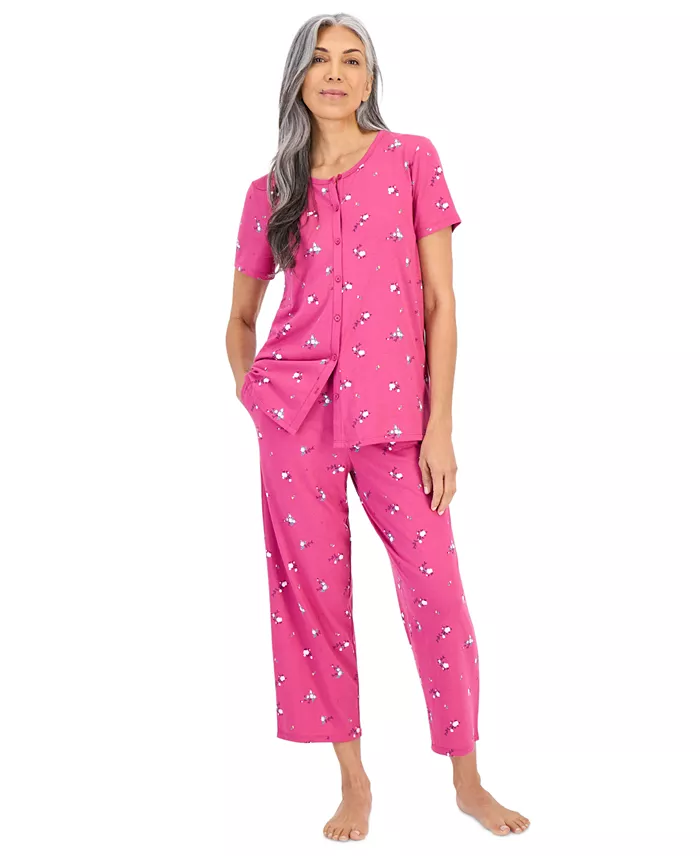 Women's 2-Piece Cotton Printed Cropped Pajama set - thumbnail 3