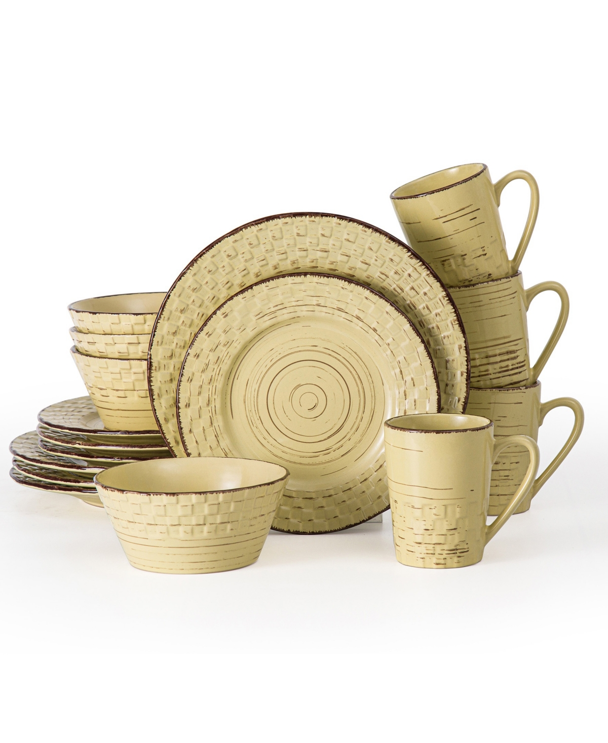 Lorren Home Trends 16 Piece Distressed Weave Dinnerware Set, Service for 4 - Yellow