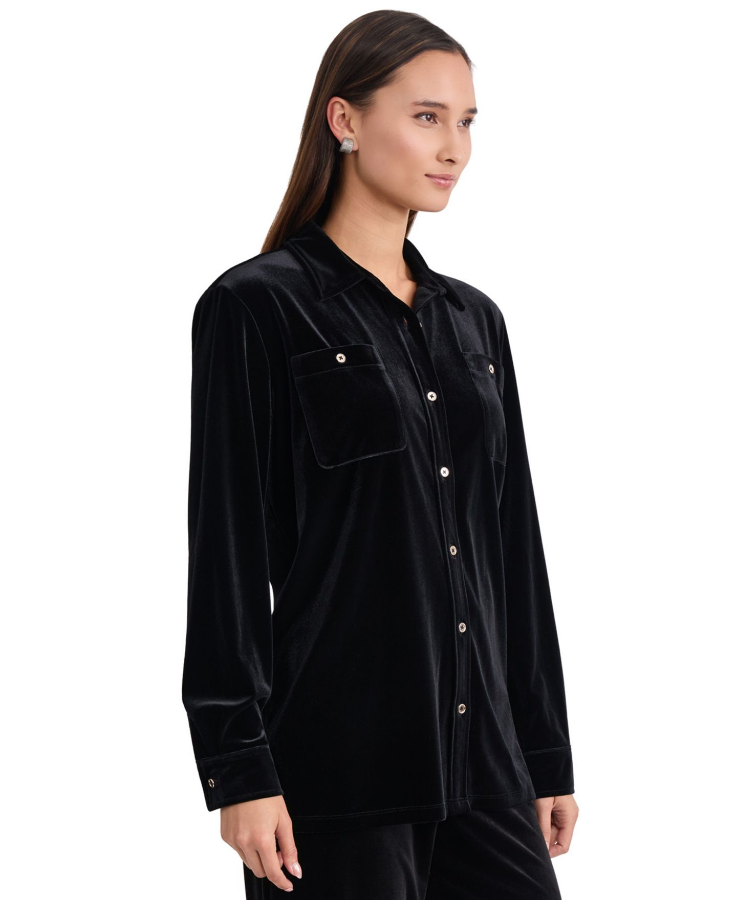 Женский топ Jones New York Plus Size Velvet Button-Down Long-Sleeve Tunic, цвет: Чёрный — фото 2