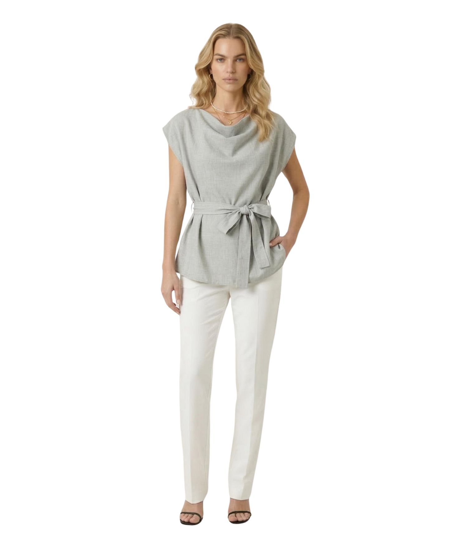 Женский топ Modenaire Draped-Neck Cap-Sleeve Self-Tie Waist, цвет: Светлый шалфейный серый — фото 2