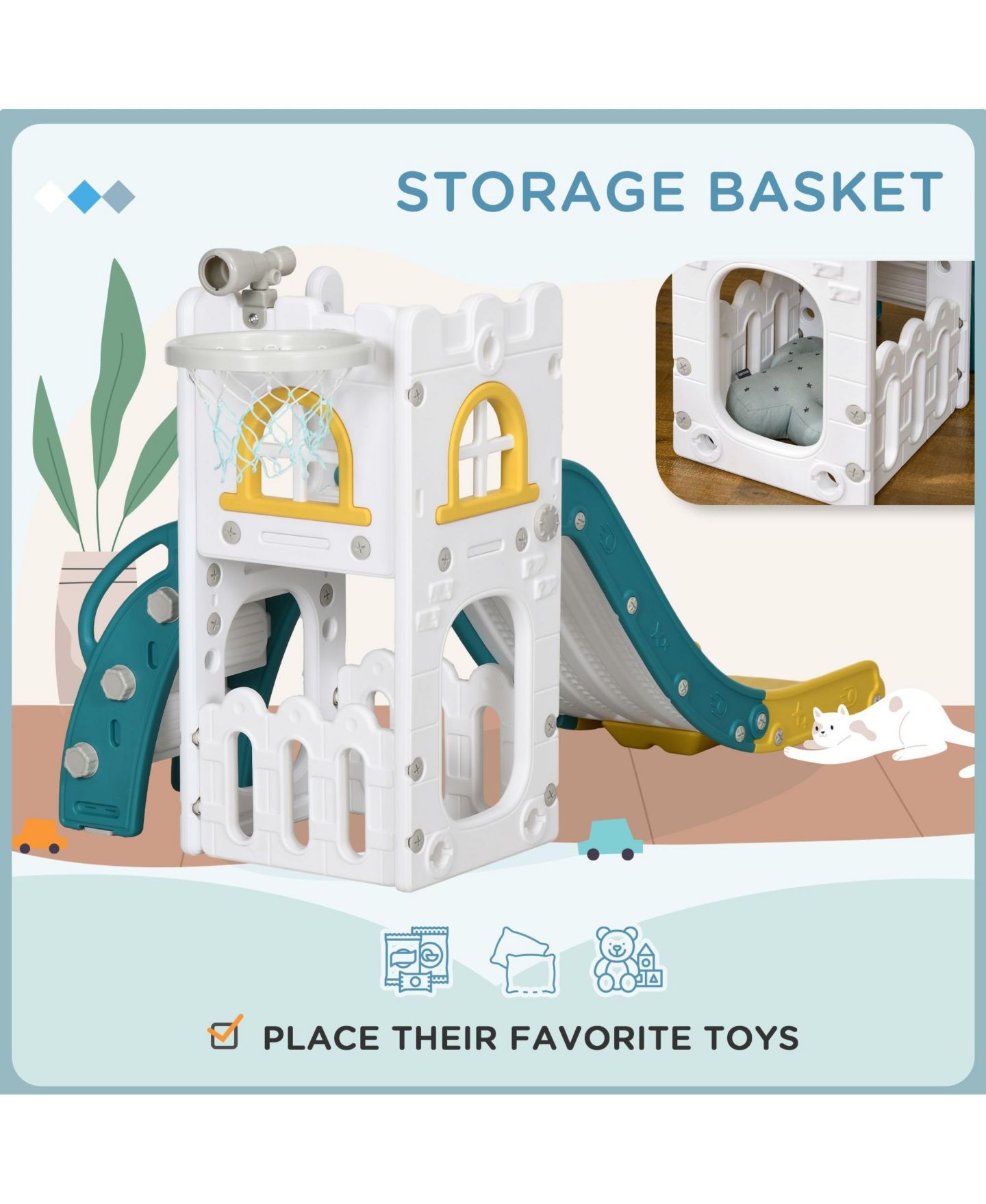 Детская игрушка SEVORLEY Kids Activity Slide with Basketball Hoop and Enclosed Staircase, Ages 1-3, цвет: Жёлтый — фото 7