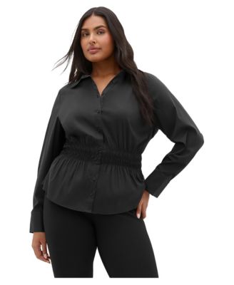 Plus Size Collared Long-Sleeve Shirred-Waist Blouse
