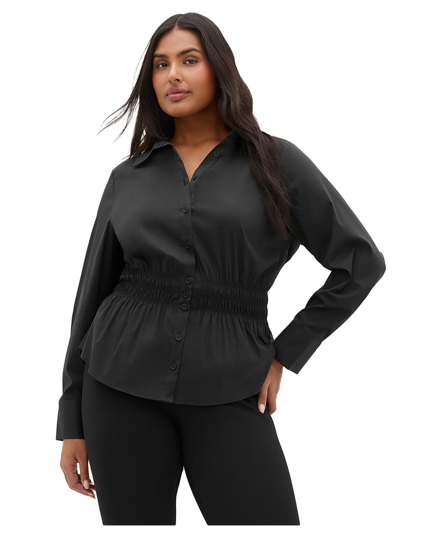 Plus Size Collared Long-Sleeve Shirred-Waist Blouse
