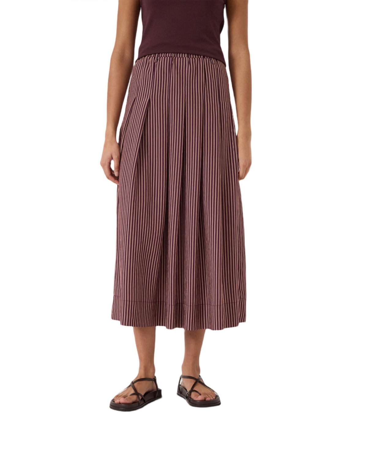 Hush Women's Pleated Stripe Midi Skirt - Burgundy stripe red