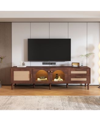 70.8" App Control LED Rattan TV Stand Glass Storage For 80 Inch TV