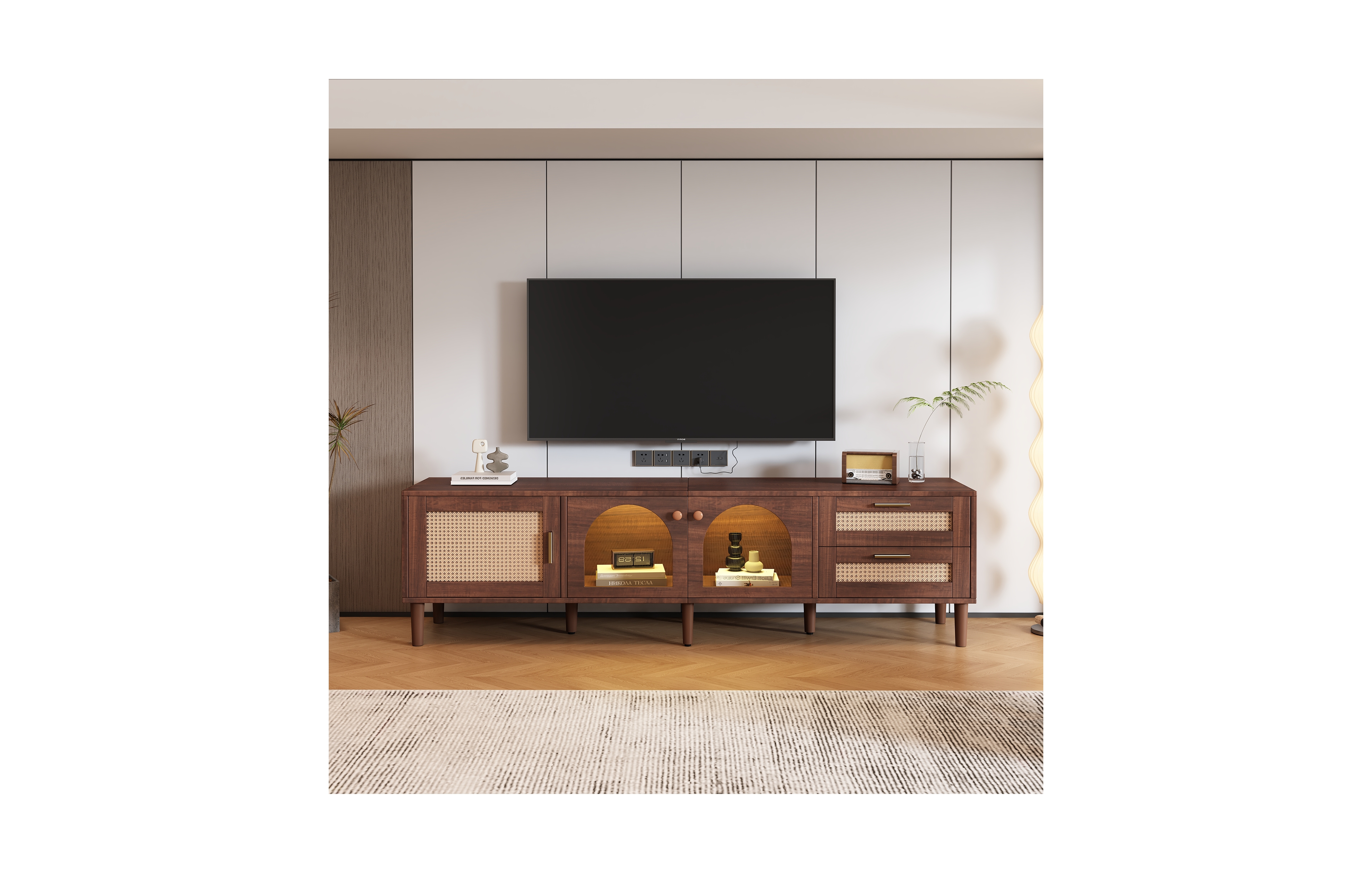 Flynama 70.8" App Control Led Rattan Tv Stand Glass Storage For 80 Inch Tv