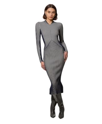 Women's Long-Sleeve V-Neck Stripe Midi Dress