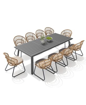 11 Piece Aluminum Patio Dining Set 94" Large Dining Table and Rattan Chairs with Cushions