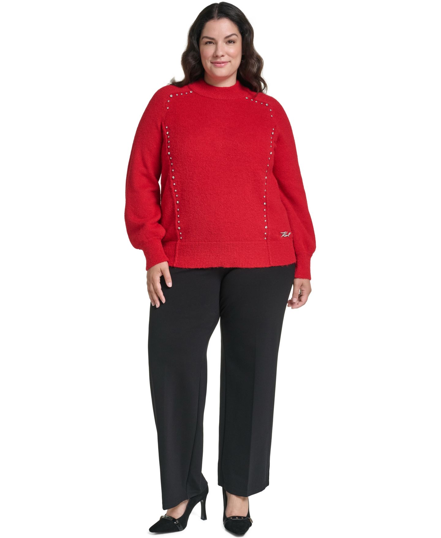 Женский свитер KARL LAGERFELD PARIS Plus Size Mock Neck Rhinestone Pullover, цвет: Красный — фото 6