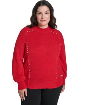 Plus Size Mock Neck Rhinestone Pullover Sweater