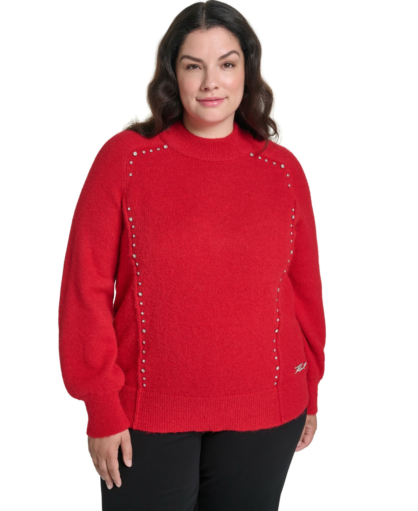 Женский свитер KARL LAGERFELD PARIS Plus Size Mock Neck Rhinestone Pullover, цвет: Красный — фото 1