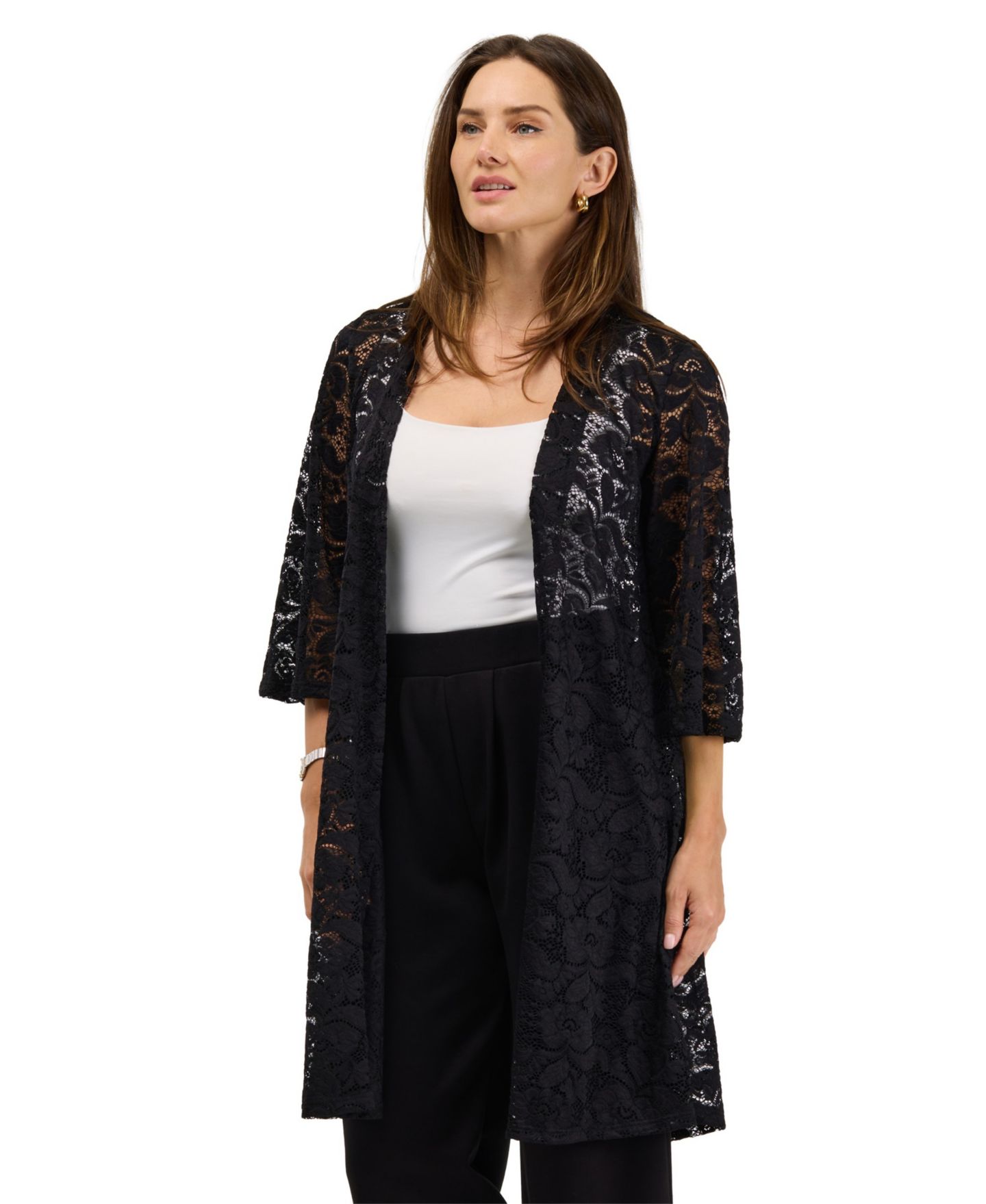 Женская куртка 24seven Comfort Apparel Lace Floral-Print 3/4-Sleeve, цвет: Чёрный — фото 3