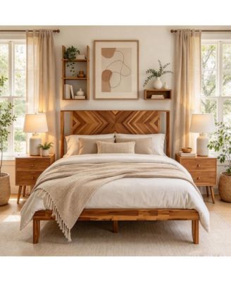 Platform Bed Frame - Mid-Century Modern Wood Bed with Geometric Headboard and Wooden Slats Support, No Box Spring Needed, for Bedroom