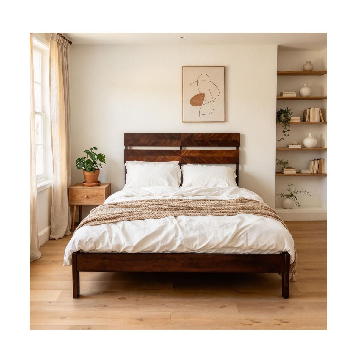 Gaomon Platform Bed Frame - Mid-Century Modern Wood with Geometric Headboard and Wooden Slats Support, No Box Spring Needed, for Bedroom