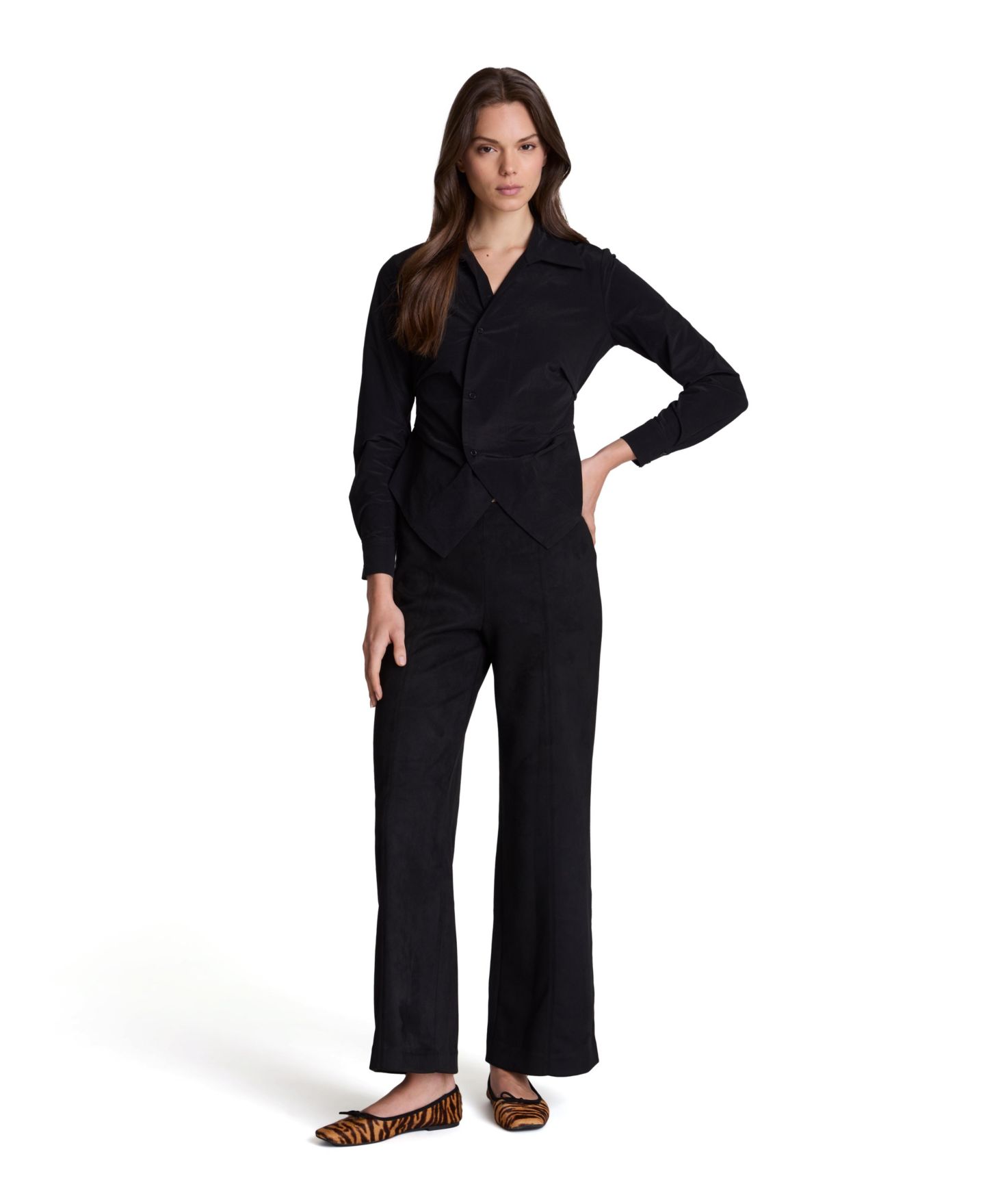 Женская рубашка Kenneth Cole Asymmetrical Long-Sleeve Collared Knit Taffeta, цвет: Чёрный — фото 2
