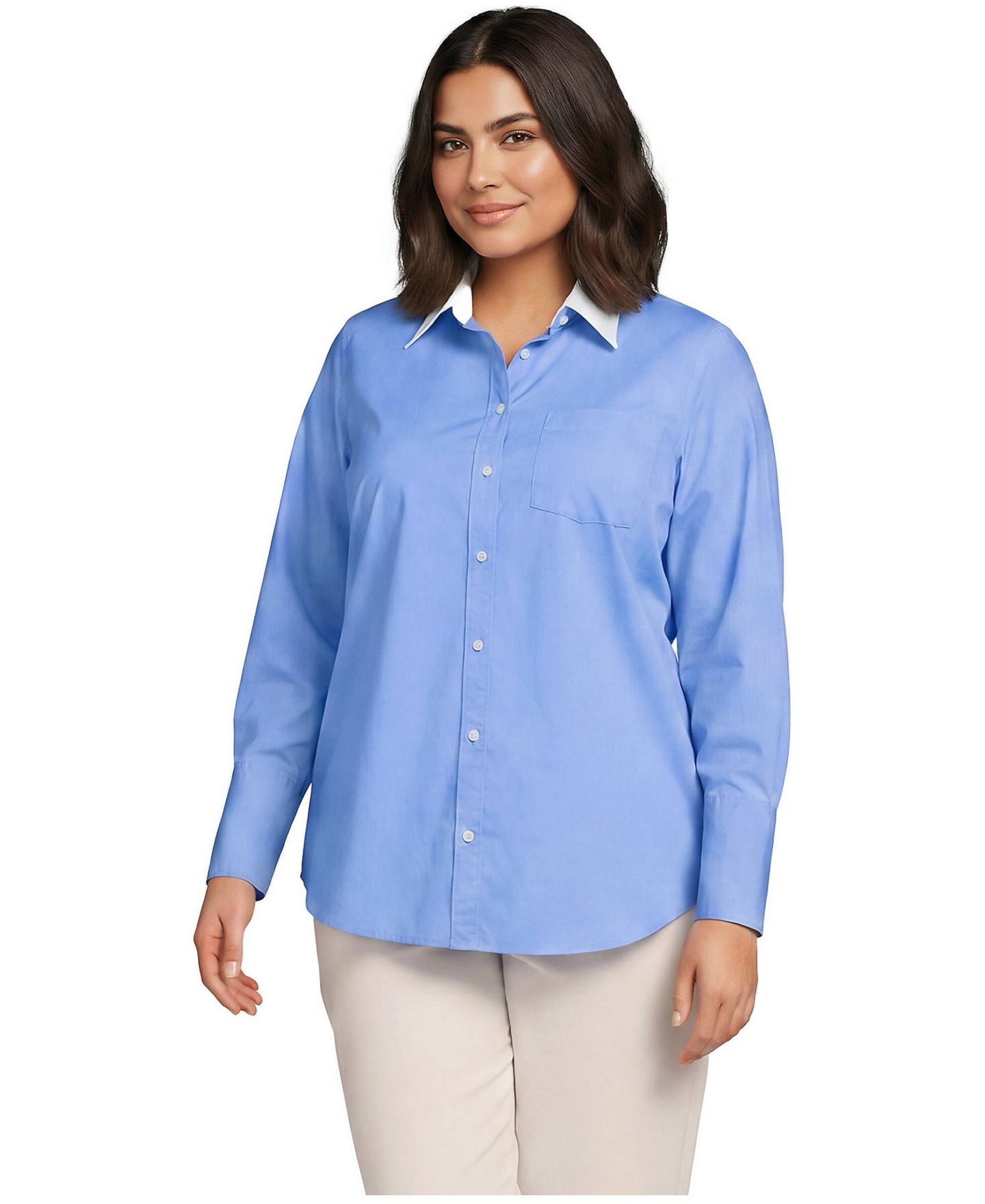 Женская рубашка Lands' End Plus Size Removable-Collar Poplin Long-Sleeve, цвет: Прозрачный синий небесно-голубой / Белый — фото 1