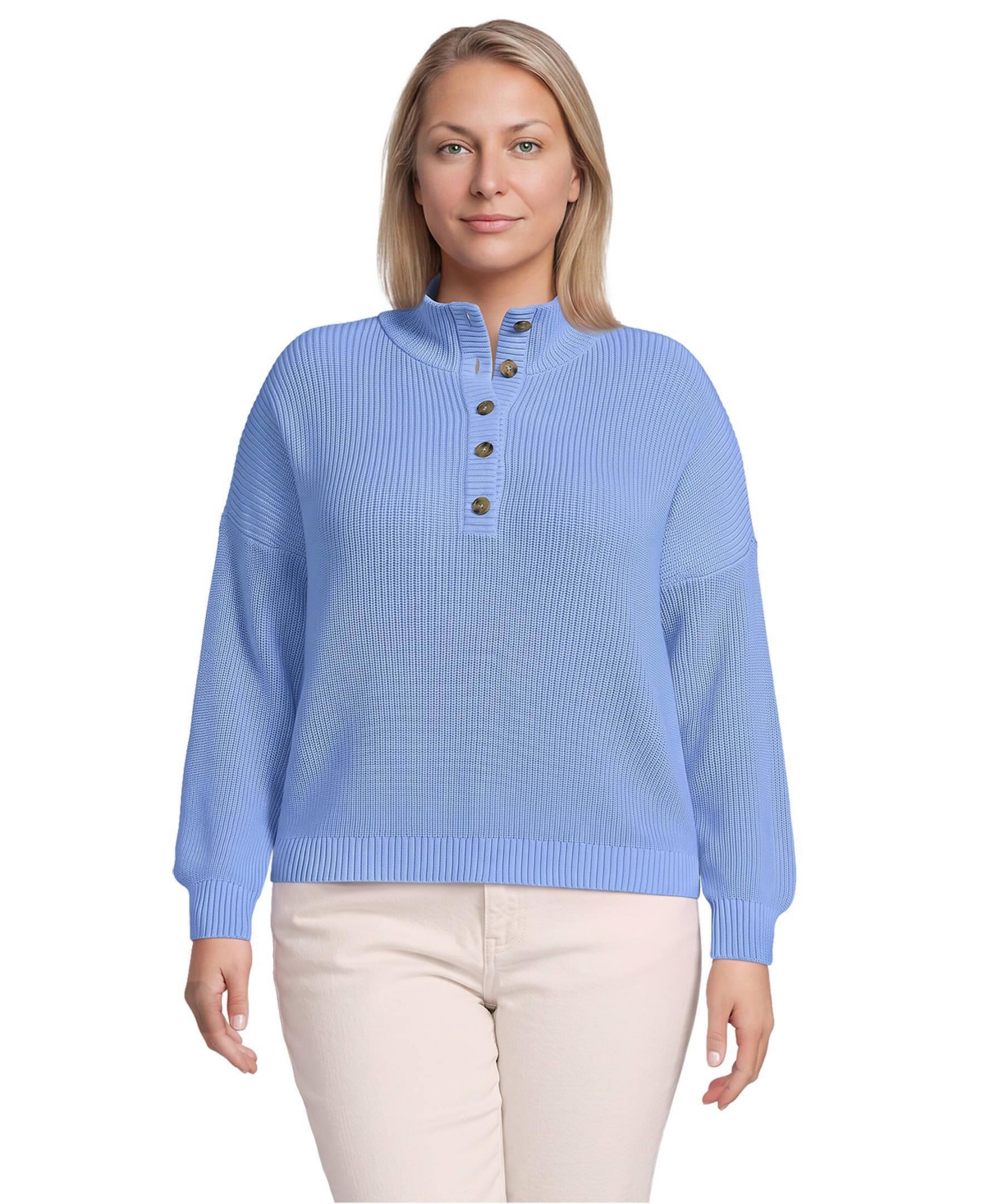 Lands' End Plus Size Cotton Button Up Henley Sweater - Clear blue sky
