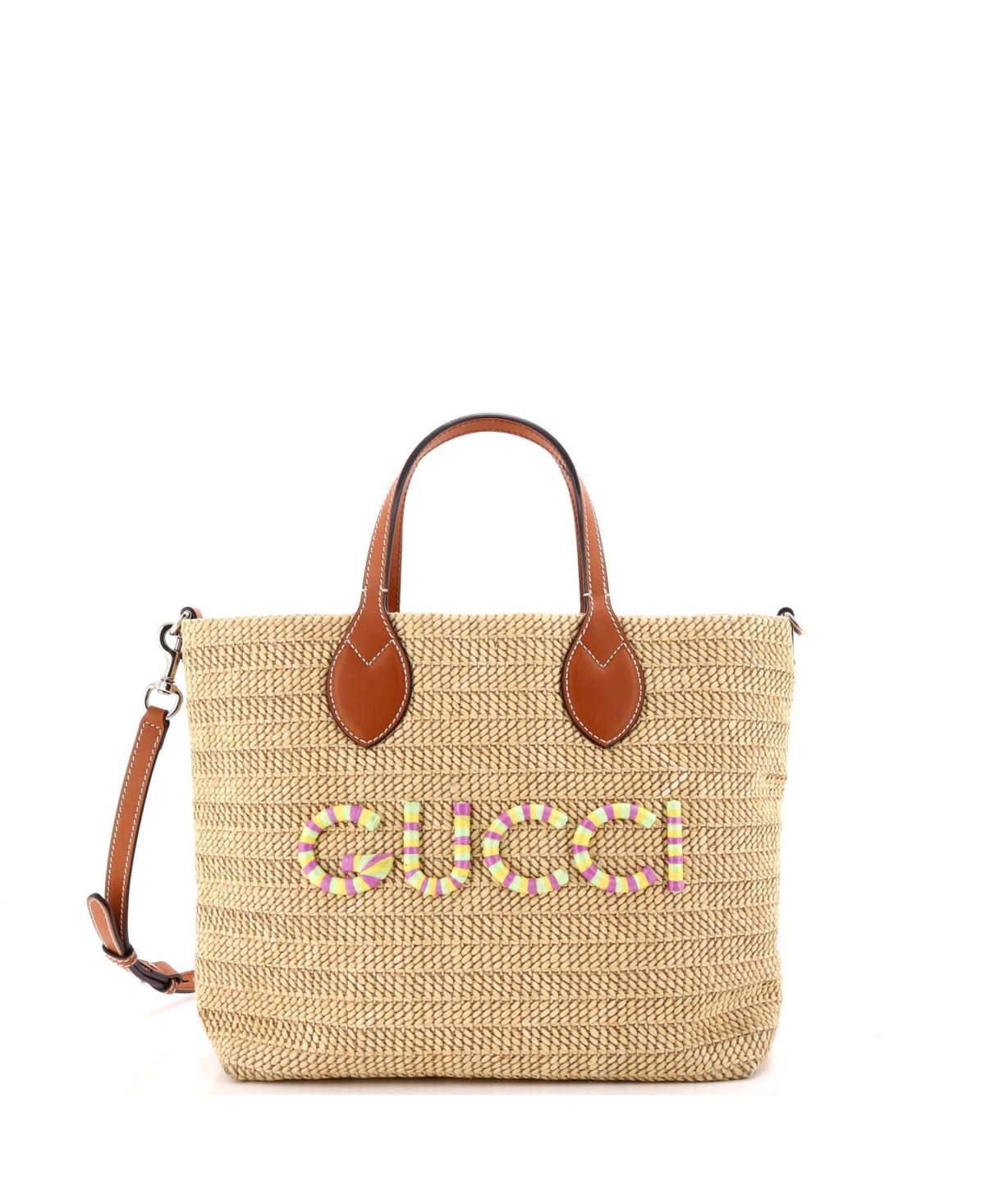 Pre-Owned Gucci Small Logo Plaque Convertible Tote Raffia - Natural