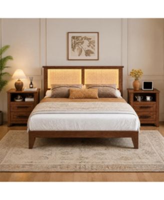 Rattan Platform Bed Frame with LED Lights and Storage Headboard and 2 Farmhouse Bedside Tables with Charging Station – Boho Bedroom Set