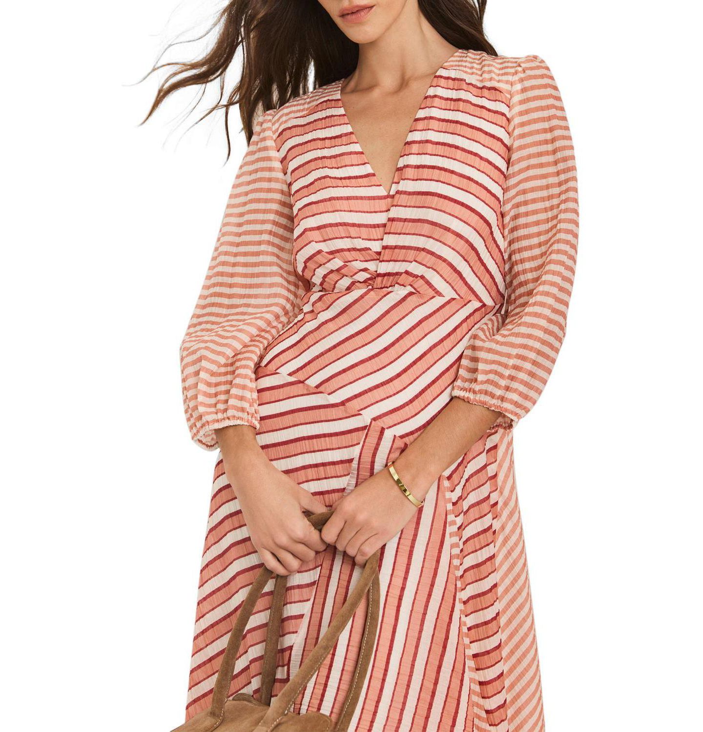 Женское платье Mint Velvet Striped V-Neck 3/4-Sleeve Midi, цвет: Оранжевый — фото 2