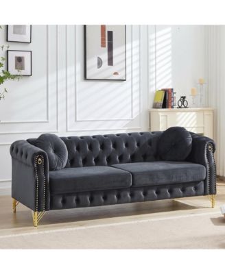 82" Chesterfield Sofa, Tufted 3-Seater Couch with Metal Legs and Copper Studs, Luxury Living Room Furniture