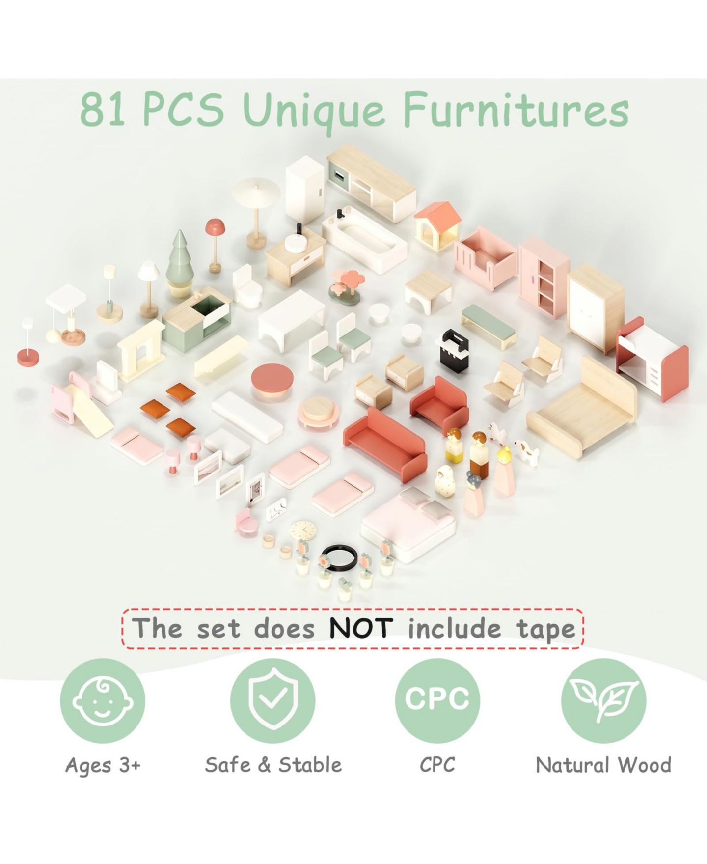 Детские аксессуары для кукол GNUADZ Wooden 8-Room Dollhouse with Family Figures, Ages 3+, цвет: Бежевый — фото 5