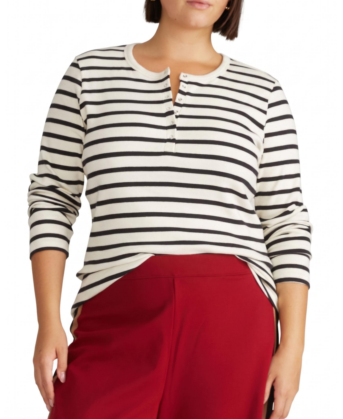 Henley Long Sleeve Ribbed Tee - Ecru/Black Stripe - M_18-20 / Ecru/Black Stripe