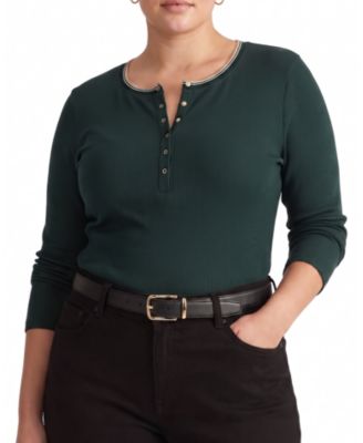 Plus Size Henley Long-Sleeve Ribbed Tee