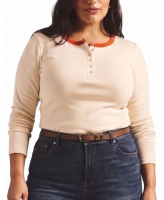 Plus Size Henley Long-Sleeve Ribbed Tee