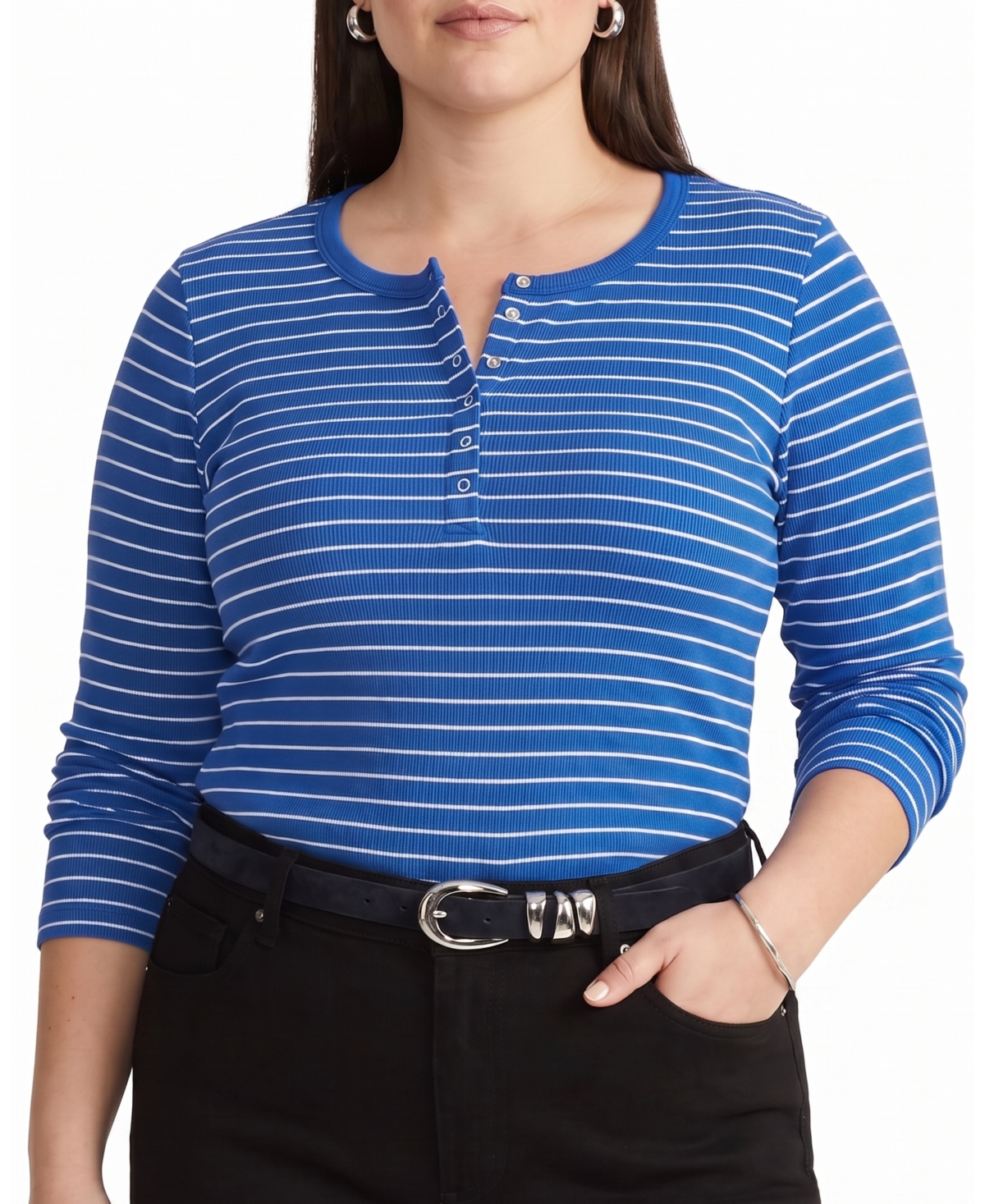 Henley Long Sleeve Ribbed Tee - Bright Blue/White Microstripe - M_18-20 / Bright Blue/White Microstripe