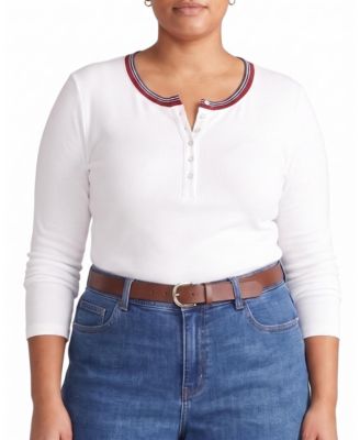 Plus Size Henley Long-Sleeve Ribbed Tee