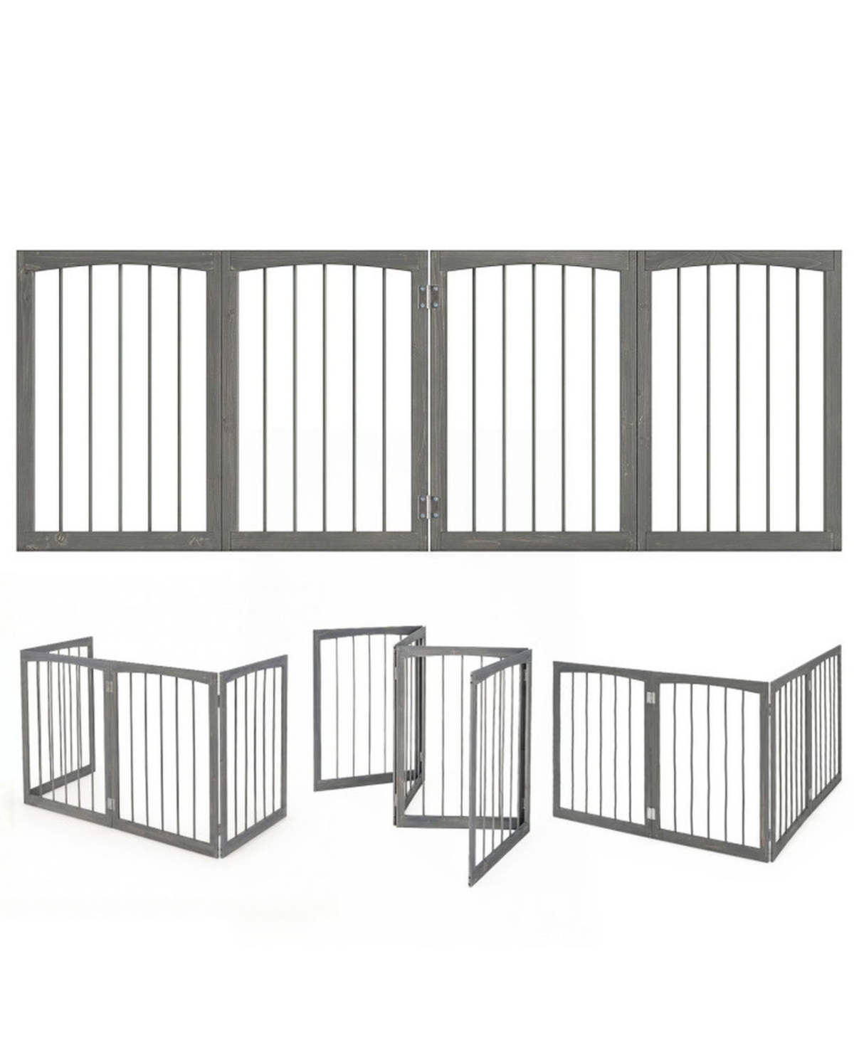 Hongge 83 in Wide 4-Panel Wooden Dog Gate with 180-Degree Hinges - Grey