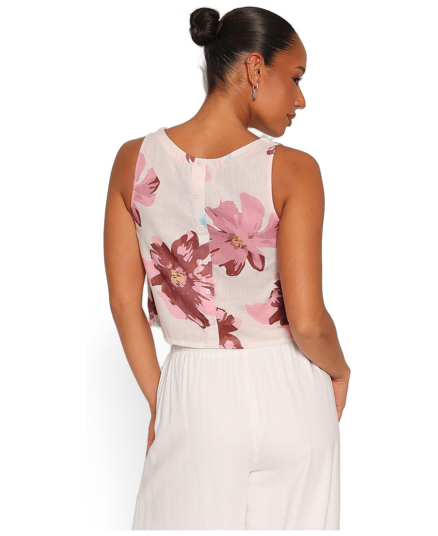 Женский топ Petal and Pup Leni Sleeveless Boat Neck Floral-Print Linen-Blend, цвет: Розовый с принтом — фото 3