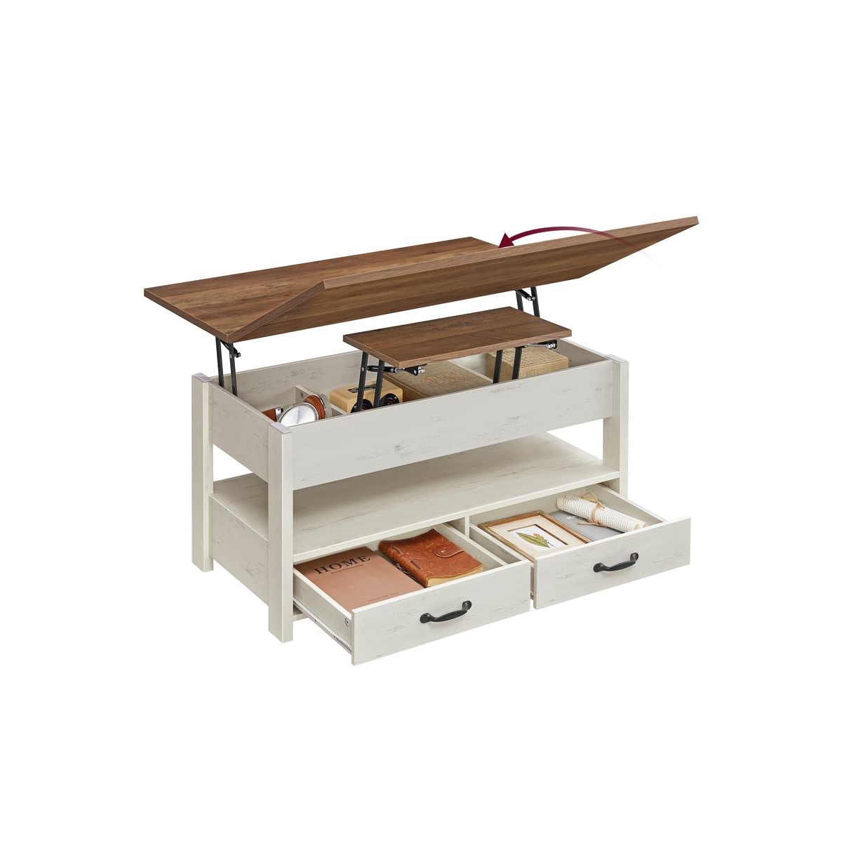 Slickblue Lift Top Center Coffee Table with Storage Compartment and Modern Design - Honey Brown, Rustic White