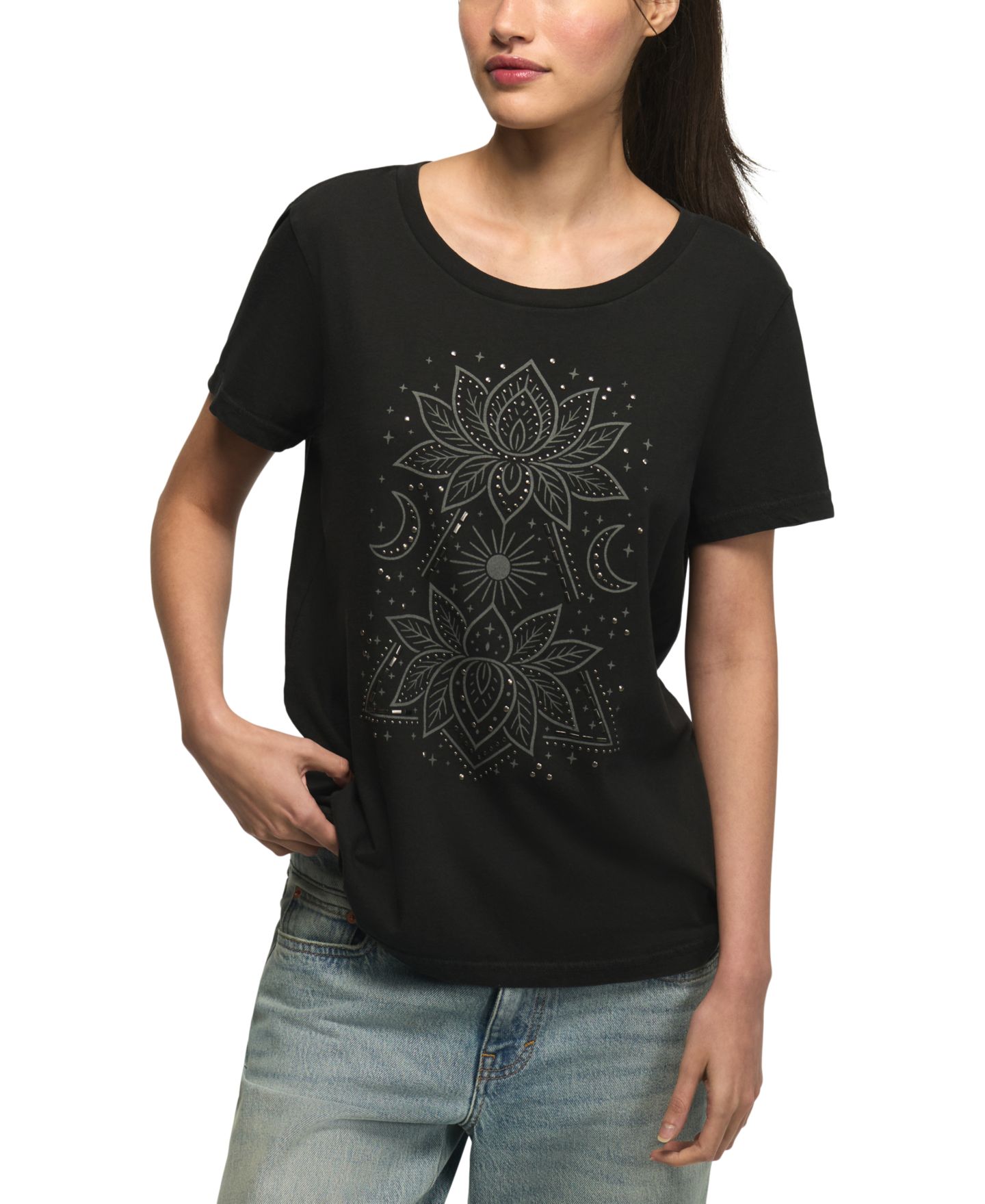 Женская футболка Lucky Brand Double Lotus Graphic Floral-Print, цвет: Угольно-чёрный — фото 1