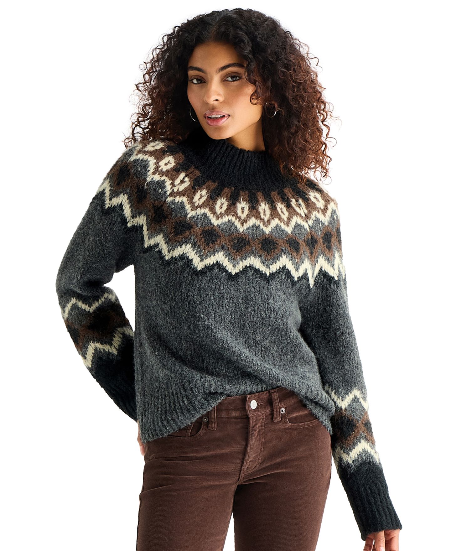 Женский свитер Lucky Brand Fair Isle Mock Neck Long-Sleeve, цвет: Угольный меланжевый серый — фото 9